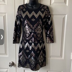 Womens Express Sequin Aztec Dress sz XS Elegant Black and Silver Sequin Dress